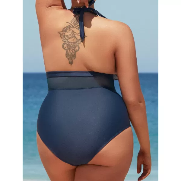 imageCUPSHE Women Swimsuit Plus Size One Piece Bathing Suit Halter Mesh Wrapped Front Modest Long TorsoNavy