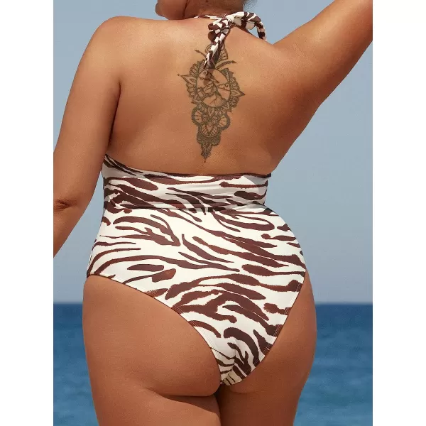 imageCUPSHE Women Swimsuit Plus Size One Piece Bathing Suit Halter Twisted Front Tummy Control Tropical PrintAbstract Zebra Print
