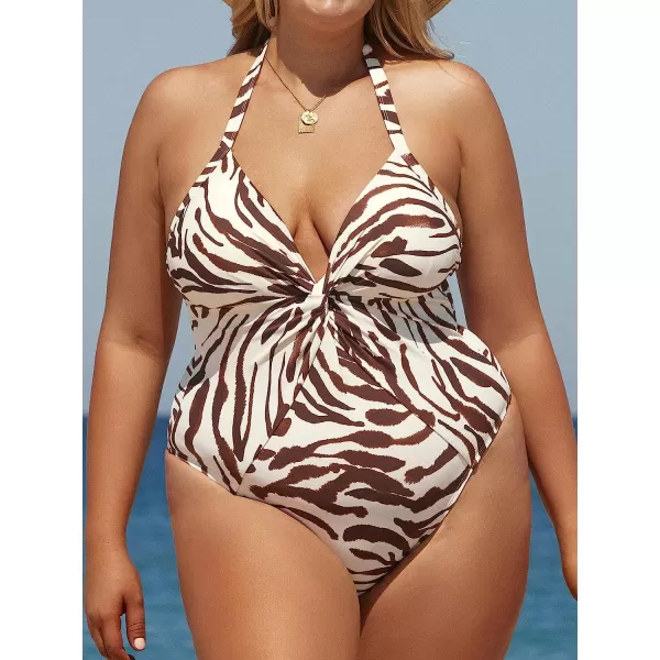 imageCUPSHE Women Swimsuit Plus Size One Piece Bathing Suit Halter Twisted Front Tummy Control Tropical PrintAbstract Zebra Print