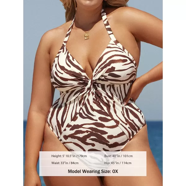 imageCUPSHE Women Swimsuit Plus Size One Piece Bathing Suit Halter Twisted Front Tummy Control Tropical PrintAbstract Zebra Print