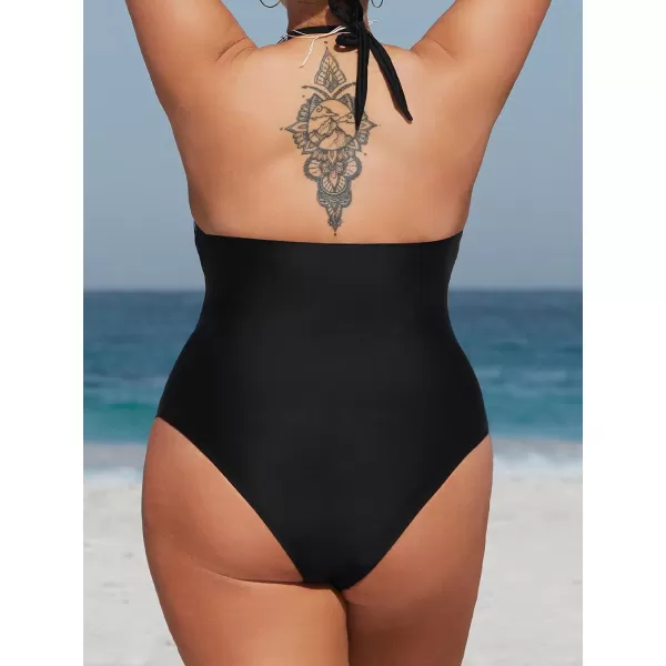 imageCUPSHE Women Swimsuit Plus Size One Piece Bathing Suit Halter Twisted Front Tummy Control Tropical PrintBlack and Tropical Print