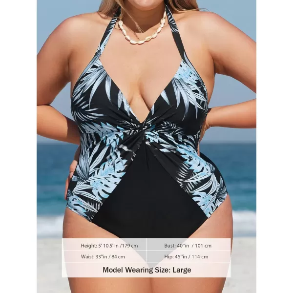 imageCUPSHE Women Swimsuit Plus Size One Piece Bathing Suit Halter Twisted Front Tummy Control Tropical PrintBlack and Tropical Print