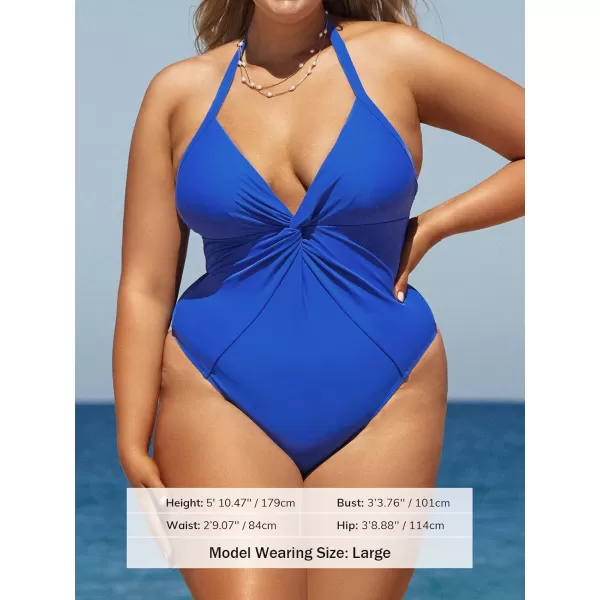 imageCUPSHE Women Swimsuit Plus Size One Piece Bathing Suit Halter Twisted Front Tummy Control Tropical PrintRoyal Blue