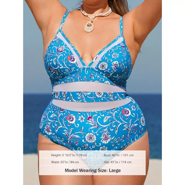 imageCUPSHE Women Swimsuit Plus Size One Piece Bathing Suit Mesh Sheer Panel with Adjustable Spaghetti StrapsBlue Paisley Floral