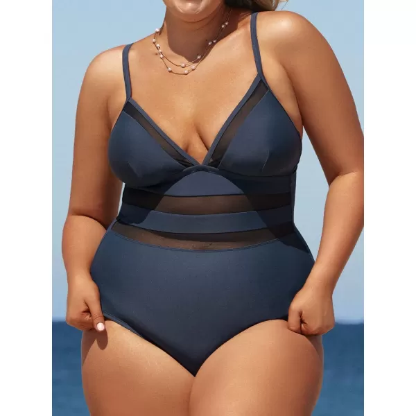 imageCUPSHE Women Swimsuit Plus Size One Piece Bathing Suit Mesh Sheer Panel with Adjustable Spaghetti StrapsDark Blue