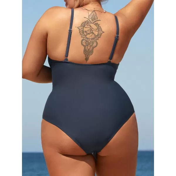 imageCUPSHE Women Swimsuit Plus Size One Piece Bathing Suit Mesh Sheer Panel with Adjustable Spaghetti StrapsDark Blue