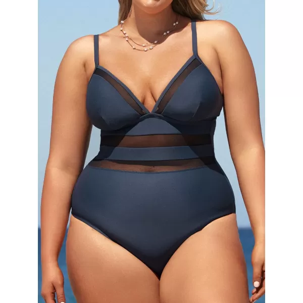 imageCUPSHE Women Swimsuit Plus Size One Piece Bathing Suit Mesh Sheer Panel with Adjustable Spaghetti StrapsDark Blue