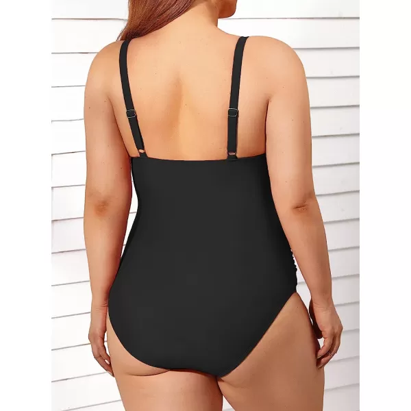 imageCUPSHE Women Swimsuit Plus Size One Piece Bathing Suit Ruched Tummy Control Front Crisscross V NeckBlack