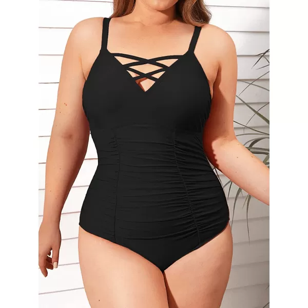 imageCUPSHE Women Swimsuit Plus Size One Piece Bathing Suit Ruched Tummy Control Front Crisscross V NeckBlack