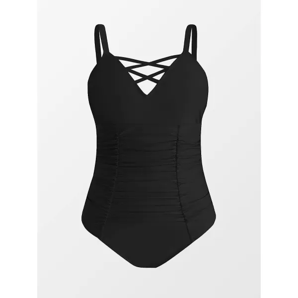 imageCUPSHE Women Swimsuit Plus Size One Piece Bathing Suit Ruched Tummy Control Front Crisscross V NeckBlack
