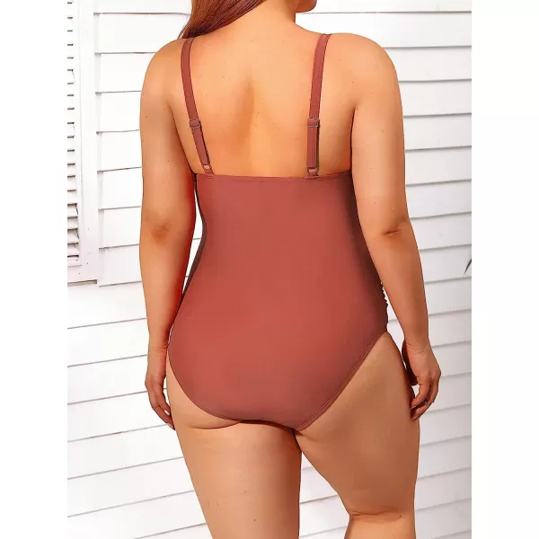 imageCUPSHE Women Swimsuit Plus Size One Piece Bathing Suit Ruched Tummy Control Front Crisscross V NeckBrick Red