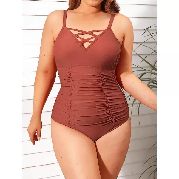 imageCUPSHE Women Swimsuit Plus Size One Piece Bathing Suit Ruched Tummy Control Front Crisscross V NeckBrick Red