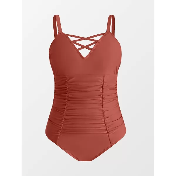 imageCUPSHE Women Swimsuit Plus Size One Piece Bathing Suit Ruched Tummy Control Front Crisscross V NeckBrick Red