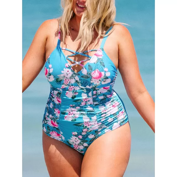 imageCUPSHE Women Swimsuit Plus Size One Piece Bathing Suit Ruched Tummy Control Front Crisscross V NeckMulticolored