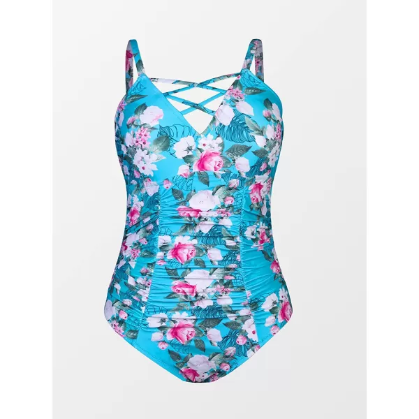 imageCUPSHE Women Swimsuit Plus Size One Piece Bathing Suit Ruched Tummy Control Front Crisscross V NeckMulticolored