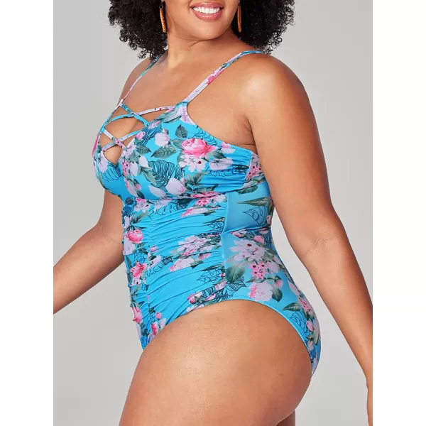 imageCUPSHE Women Swimsuit Plus Size One Piece Bathing Suit Ruched Tummy Control Front Crisscross V NeckMulticolored