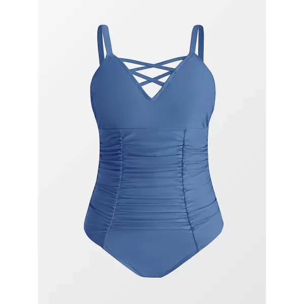 imageCUPSHE Women Swimsuit Plus Size One Piece Bathing Suit Ruched Tummy Control Front Crisscross V NeckSteel Blue