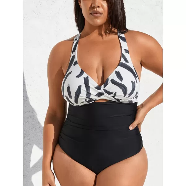 imageCUPSHE Women Swimsuit Plus Size One Piece Bathing Suit Tummy Control Cutout Twist Front Cross Back Self Tie Abstract PrintBlack and White Abstract Print