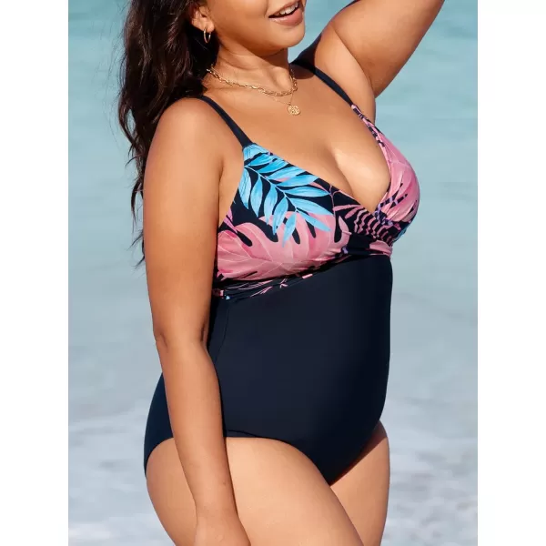 imageCUPSHE Women Swimsuit Plus Size One Piece Bathing Suit Tummy Control Wrap Front Tie Back Tropical PrintBlue Black and Tropical Print
