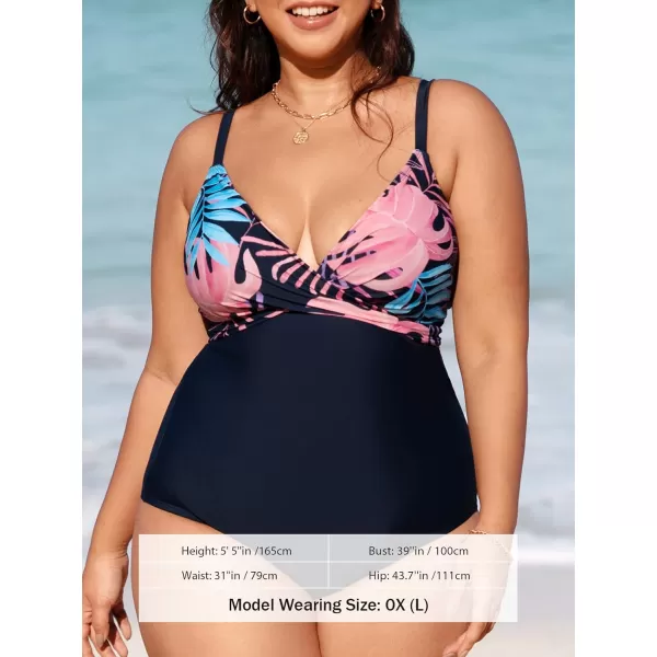 imageCUPSHE Women Swimsuit Plus Size One Piece Bathing Suit Tummy Control Wrap Front Tie Back Tropical PrintBlue Black and Tropical Print