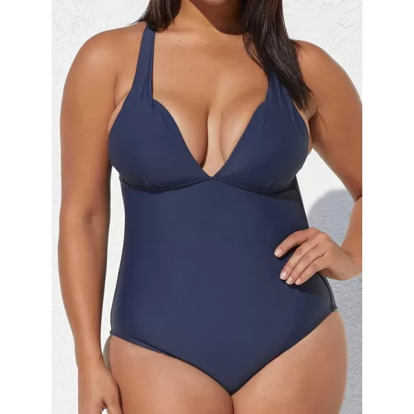 imageCUPSHE Women Swimsuit Plus Size One Piece Bathing Suit V Neck Crisscross Back Tummy Control with Adjustable Wide StrapsDark Blue