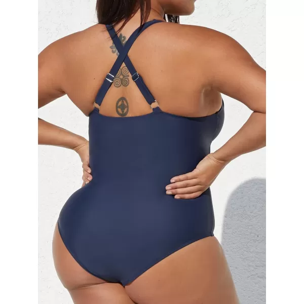 imageCUPSHE Women Swimsuit Plus Size One Piece Bathing Suit V Neck Crisscross Back Tummy Control with Adjustable Wide StrapsDark Blue