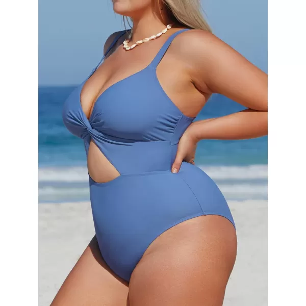 imageCUPSHE Women Swimsuit Plus Size One Piece Bathing Suit V Neck Twisted Cutout Front with Adjustable Wide StrapsBlue