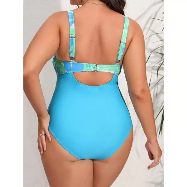 imageCUPSHE Women Swimsuit Plus Size One Piece Bathing Suit V Neck Twisted Cutout Front with Adjustable Wide StrapsBlue and Tropical Print