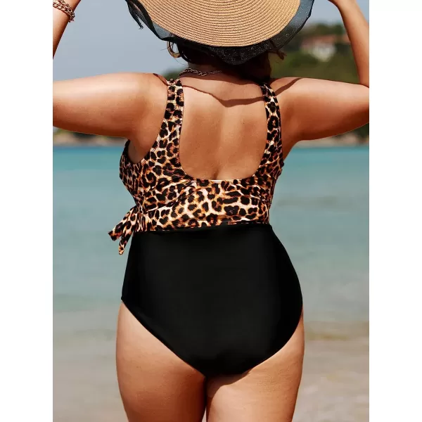 imageCUPSHE Women Swimsuit Plus Size One Piece Bathing Suit V Neck Wrapped Wide Strap Side Tie Leopard PrintBlack and Leopard Print