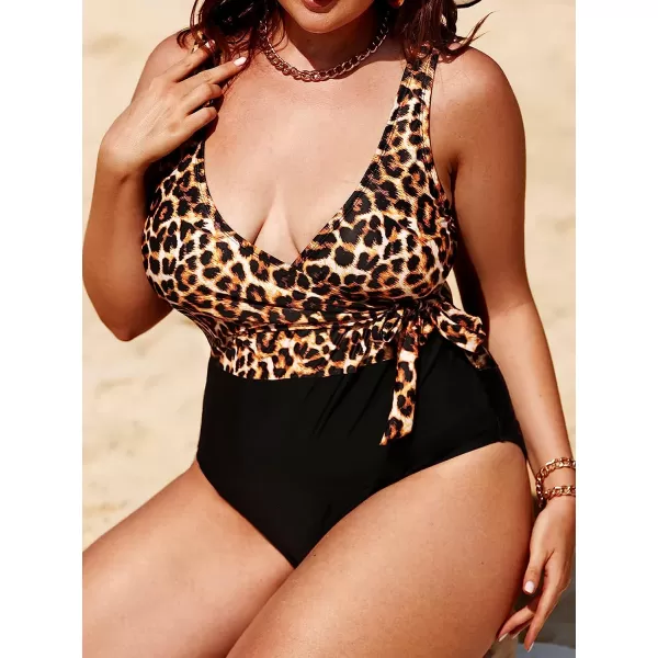 imageCUPSHE Women Swimsuit Plus Size One Piece Bathing Suit V Neck Wrapped Wide Strap Side Tie Leopard PrintBlack and Leopard Print