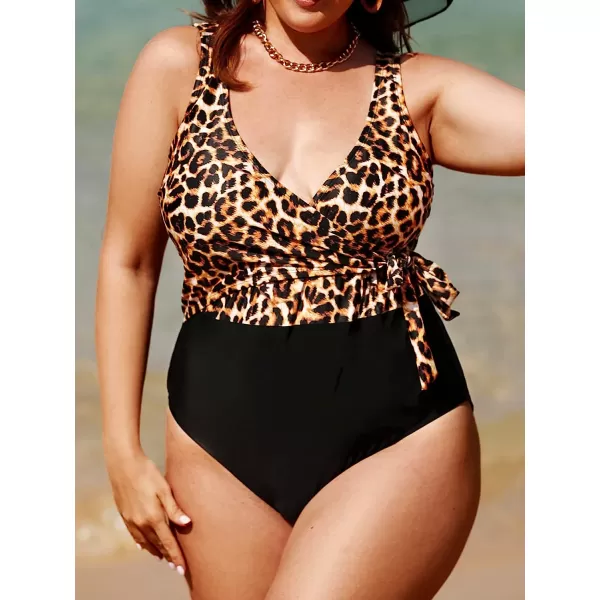 imageCUPSHE Women Swimsuit Plus Size One Piece Bathing Suit V Neck Wrapped Wide Strap Side Tie Leopard PrintBlack and Leopard Print