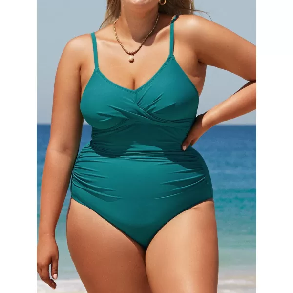 imageCUPSHE Women Swimsuit Plus Size One Piece Bathing Suit Wrapped Front Ruched Tummy Control with Adjustable Spaghetti StrapsTeal