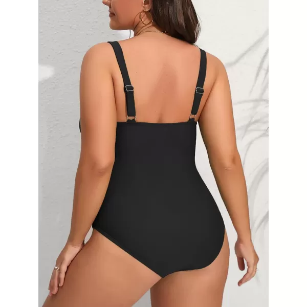 imageCUPSHE Women Swimsuit Plus Size One Piece Lace V Neck Ruched Front Tummy Control with Adjustable Wide StrapsBlack