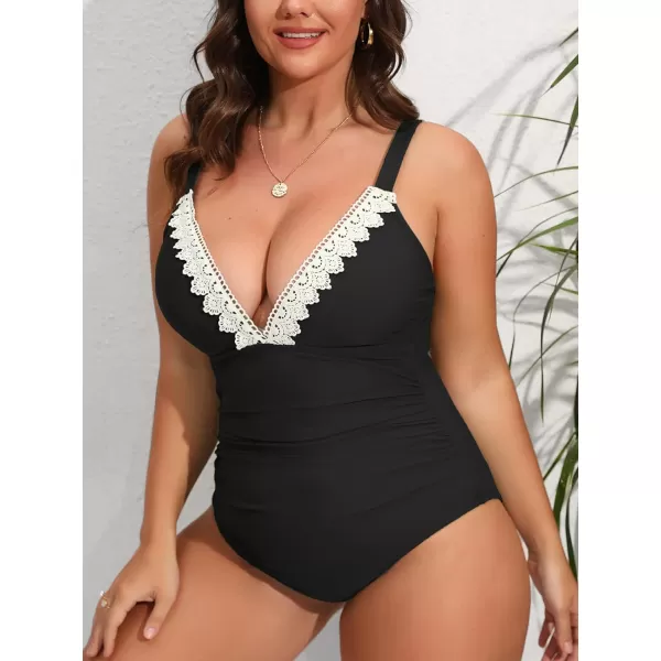 imageCUPSHE Women Swimsuit Plus Size One Piece Lace V Neck Ruched Front Tummy Control with Adjustable Wide StrapsBlack
