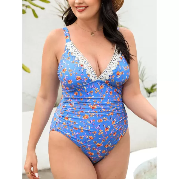 imageCUPSHE Women Swimsuit Plus Size One Piece Lace V Neck Ruched Front Tummy Control with Adjustable Wide StrapsLight Purple Blue Floral
