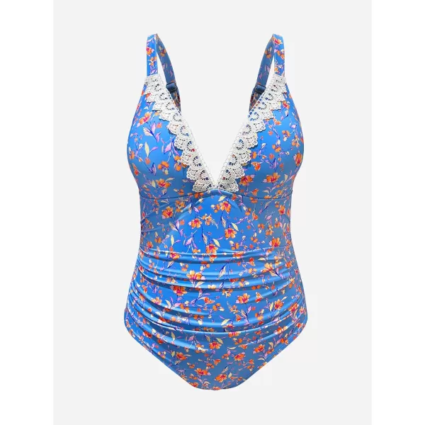 imageCUPSHE Women Swimsuit Plus Size One Piece Lace V Neck Ruched Front Tummy Control with Adjustable Wide StrapsLight Purple Blue Floral