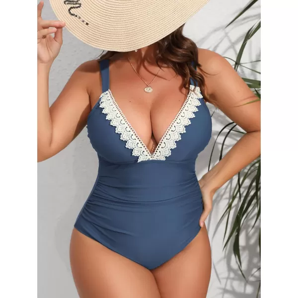 imageCUPSHE Women Swimsuit Plus Size One Piece Lace V Neck Ruched Front Tummy Control with Adjustable Wide StrapsNavy