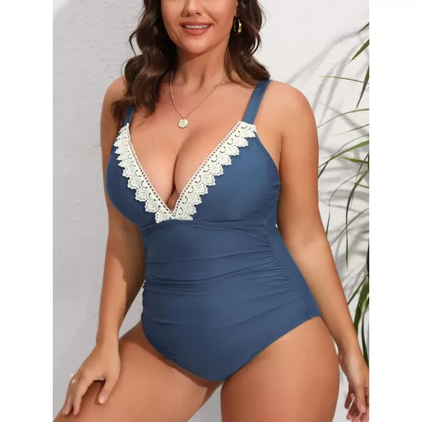 imageCUPSHE Women Swimsuit Plus Size One Piece Lace V Neck Ruched Front Tummy Control with Adjustable Wide StrapsNavy