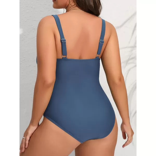 imageCUPSHE Women Swimsuit Plus Size One Piece Lace V Neck Ruched Front Tummy Control with Adjustable Wide StrapsNavy