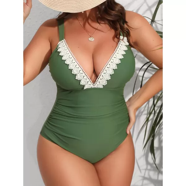 imageCUPSHE Women Swimsuit Plus Size One Piece Lace V Neck Ruched Front Tummy Control with Adjustable Wide StrapsOlive Green