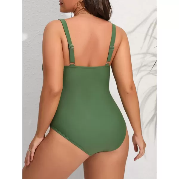 imageCUPSHE Women Swimsuit Plus Size One Piece Lace V Neck Ruched Front Tummy Control with Adjustable Wide StrapsOlive Green