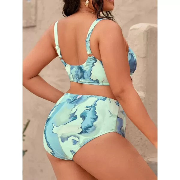imageCUPSHE Women Swimsuit Plus Size Two Piece Bathing Suit High Waisted Wrap Abstract Print with Adjustable Wide StrapsLight Blue
