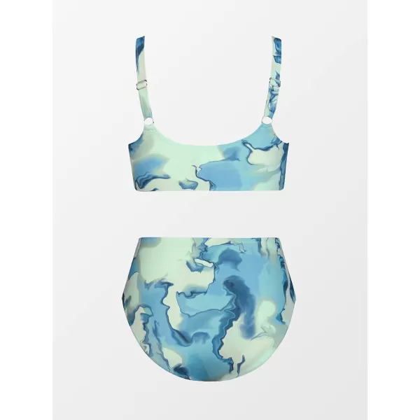 imageCUPSHE Women Swimsuit Plus Size Two Piece Bathing Suit High Waisted Wrap Abstract Print with Adjustable Wide StrapsLight Blue