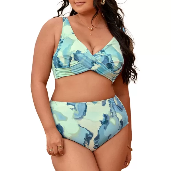 imageCUPSHE Women Swimsuit Plus Size Two Piece Bathing Suit High Waisted Wrap Abstract Print with Adjustable Wide StrapsLight Blue