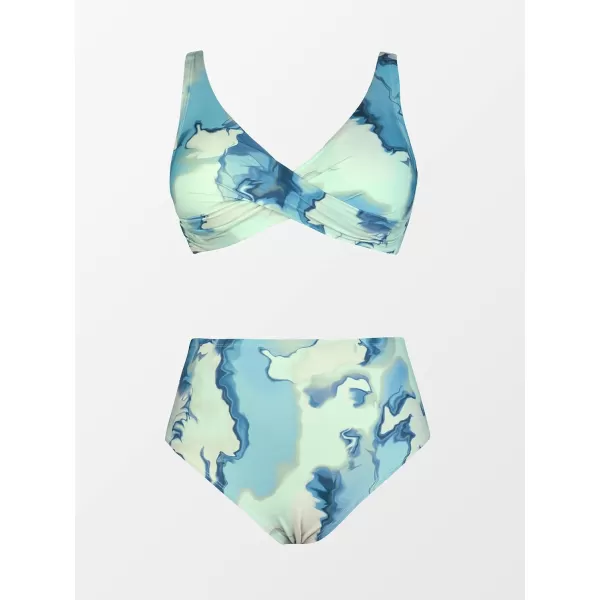 imageCUPSHE Women Swimsuit Plus Size Two Piece Bathing Suit High Waisted Wrap Abstract Print with Adjustable Wide StrapsLight Blue