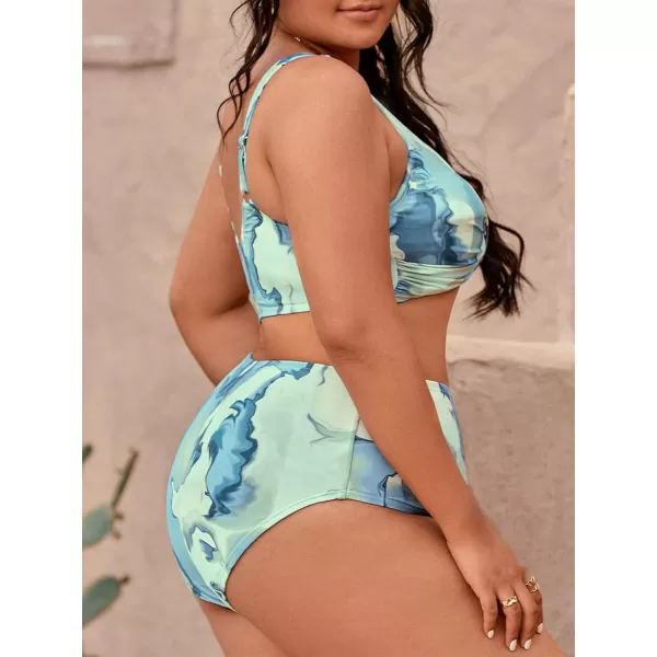 imageCUPSHE Women Swimsuit Plus Size Two Piece Bathing Suit High Waisted Wrap Abstract Print with Adjustable Wide StrapsLight Blue