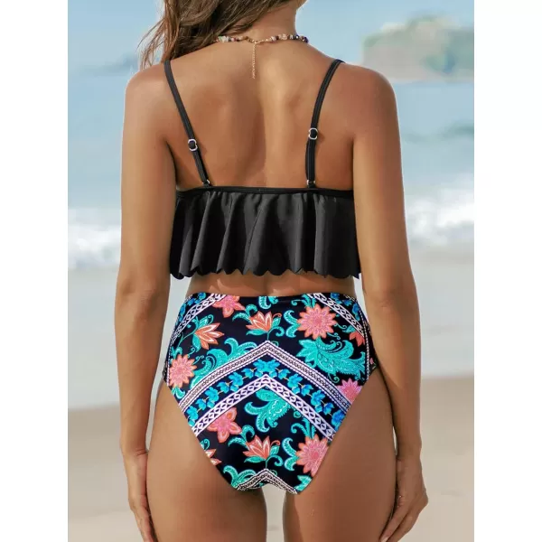 imageCUPSHE Women Swimsuit Tankini High Waisted Ruffled Square Neck High Cut Retro Floral Bathing SuitBlack  Floral