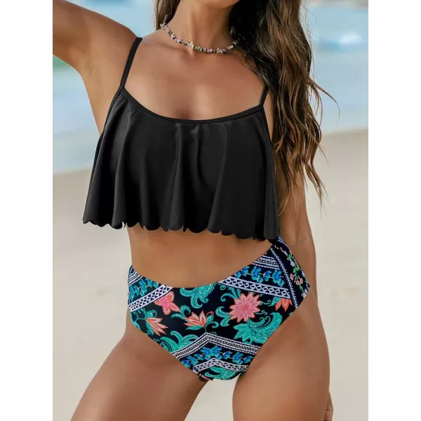 imageCUPSHE Women Swimsuit Tankini High Waisted Ruffled Square Neck High Cut Retro Floral Bathing SuitBlack  Floral