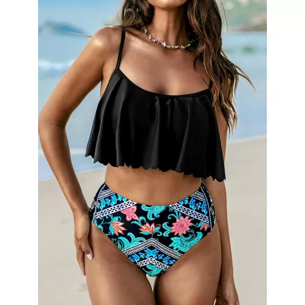 imageCUPSHE Women Swimsuit Tankini High Waisted Ruffled Square Neck High Cut Retro Floral Bathing SuitBlack  Floral