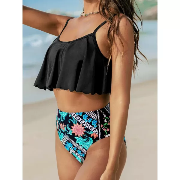 imageCUPSHE Women Swimsuit Tankini High Waisted Ruffled Square Neck High Cut Retro Floral Bathing SuitBlack  Floral